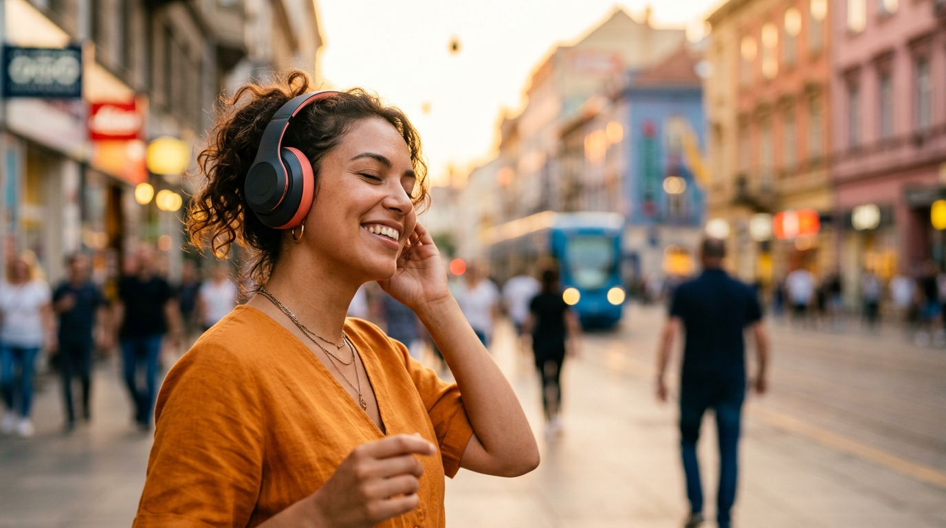 Joven disfrutando música con audífonos de diadema