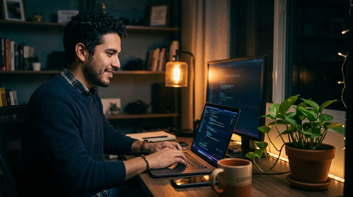 Programador escribiendo código en una laptop en casa