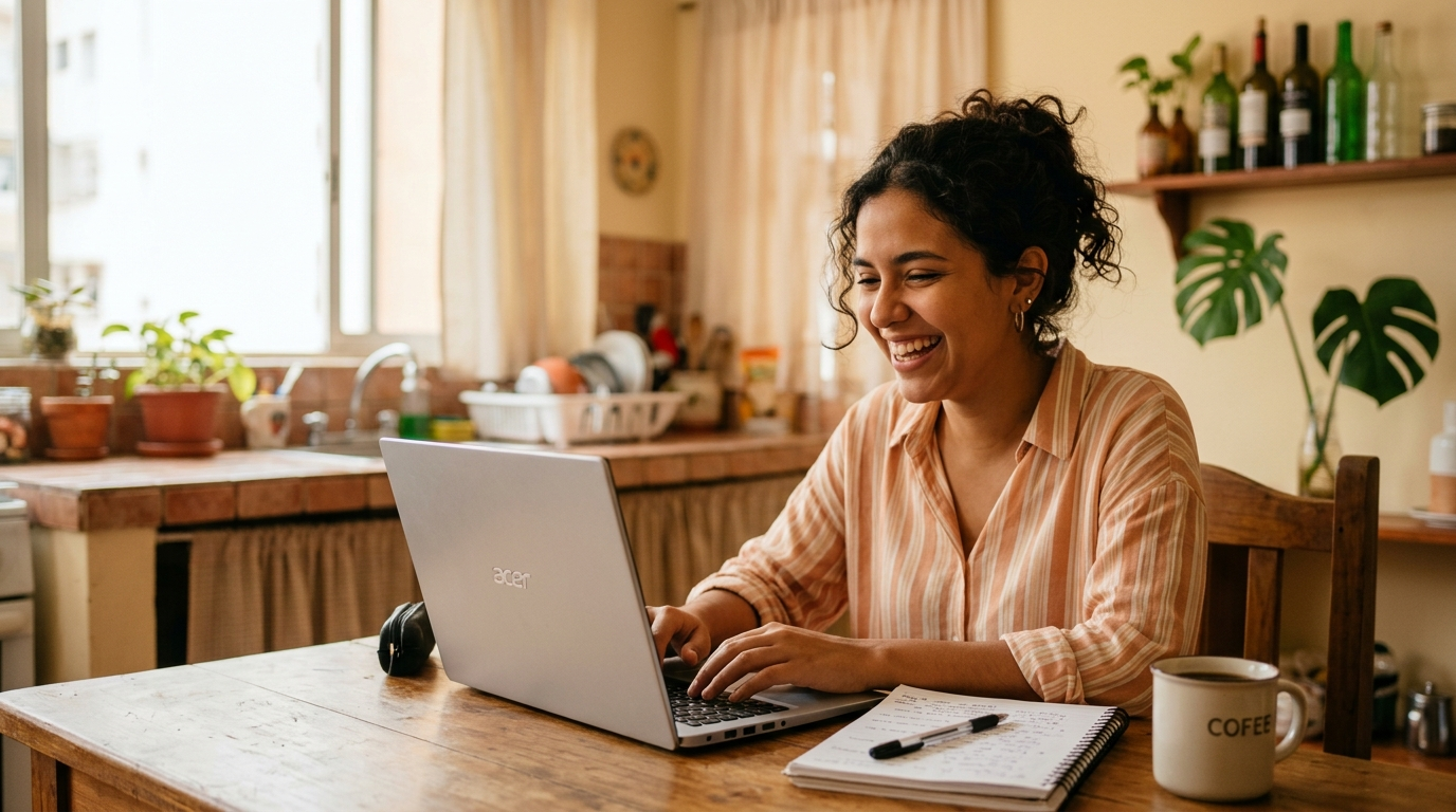 Estudiante usando una laptop económica en casa