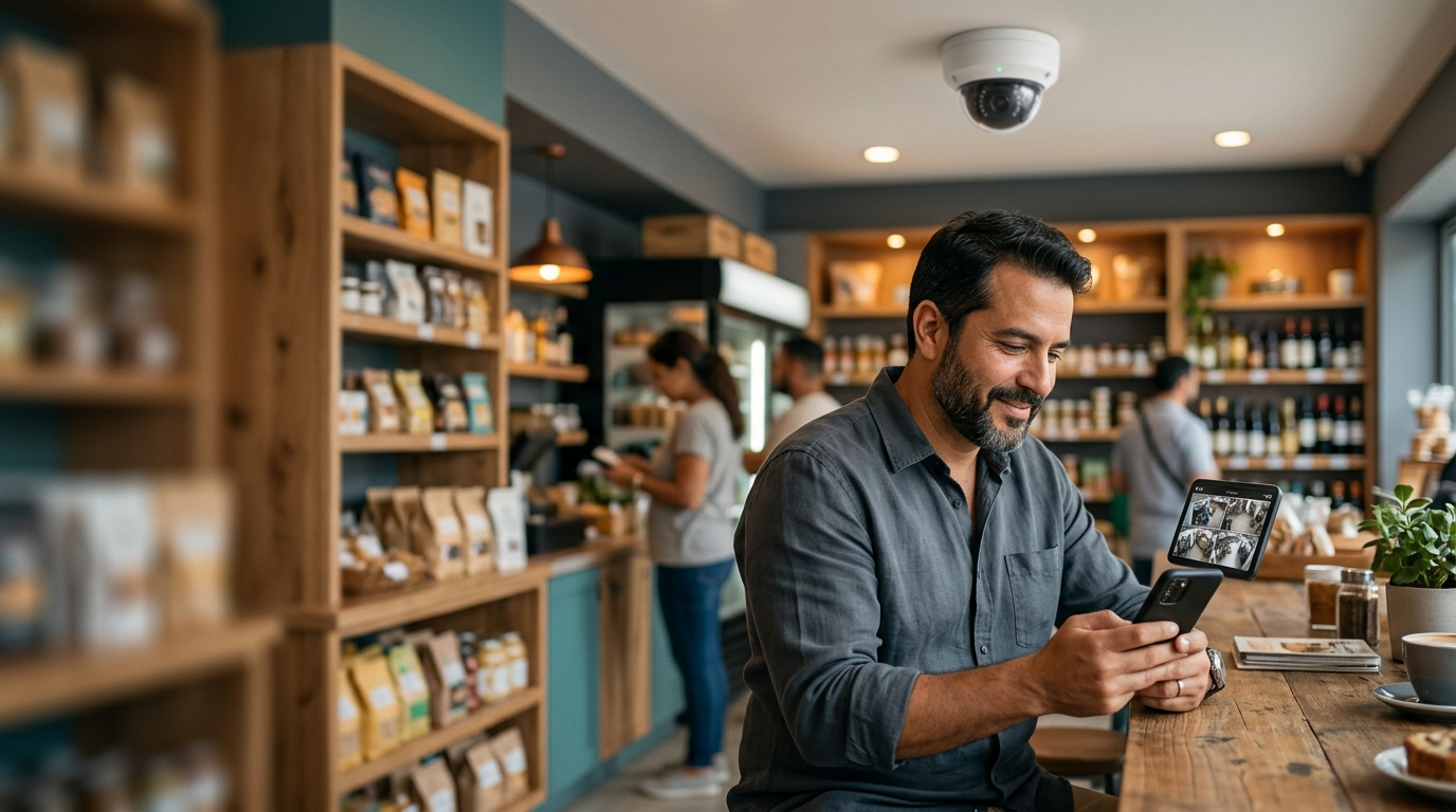 Comerciante revisando cámaras de seguridad desde el celular en su negocio