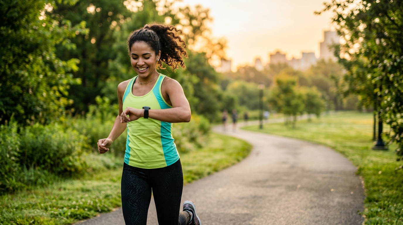 Mujer corriendo revisando su smartwatch al amanecer