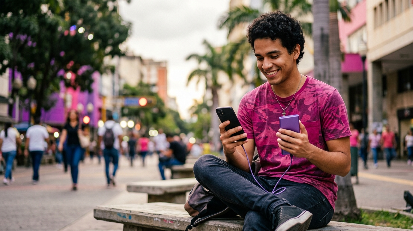 Persona cargando su celular con un power bank en la calle
