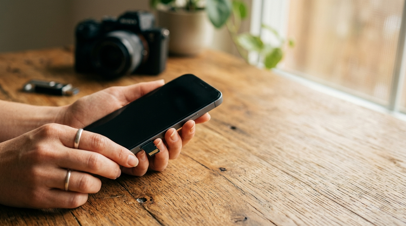 Manos insertando una tarjeta microSD en un celular