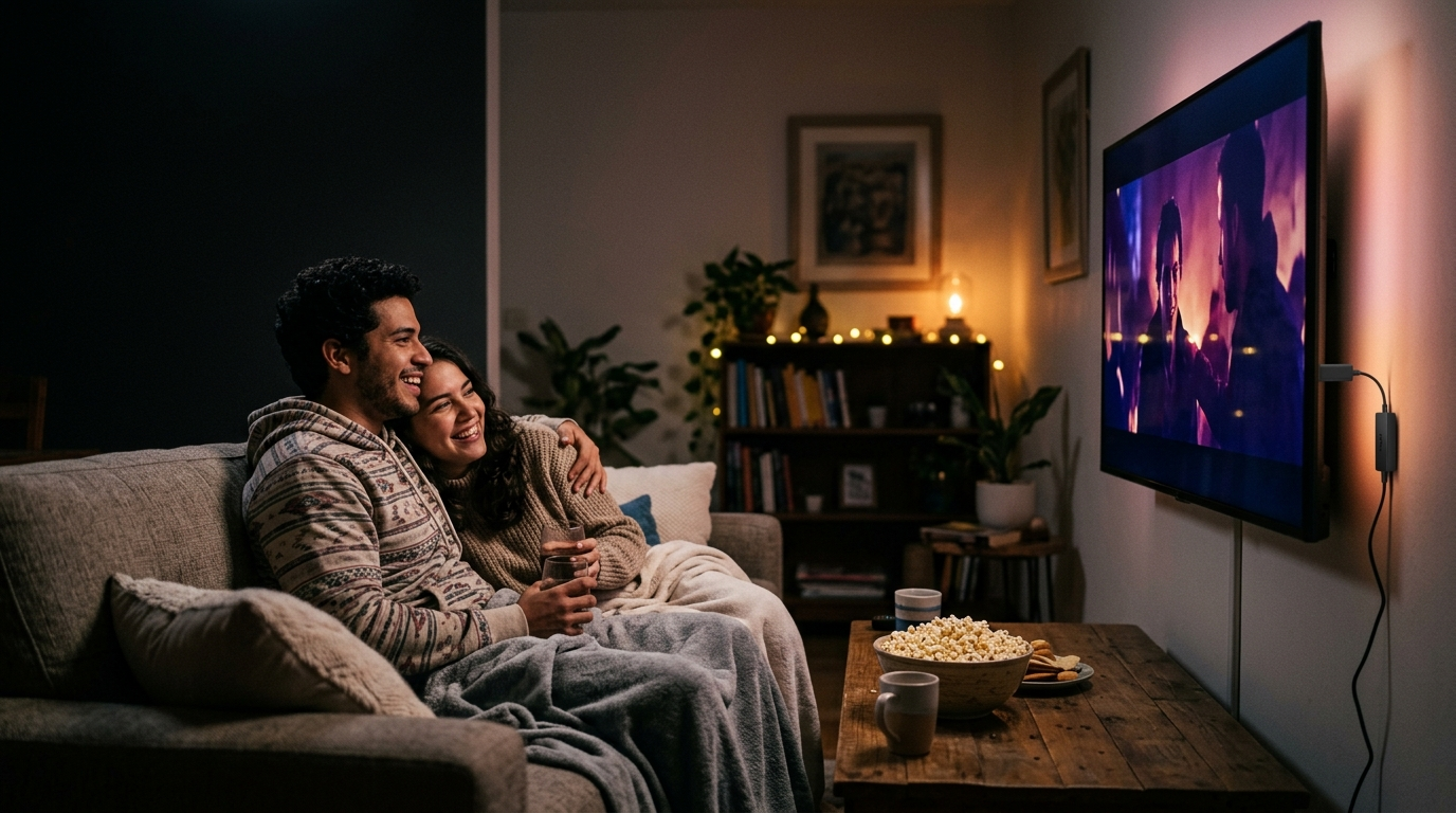 Pareja viendo streaming en el televisor con un dispositivo conectado
