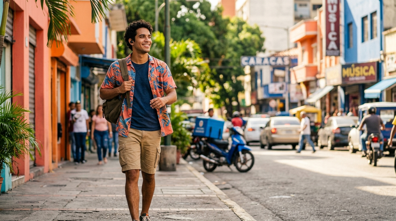 Joven caminando por la calle con audífonos inalámbricos