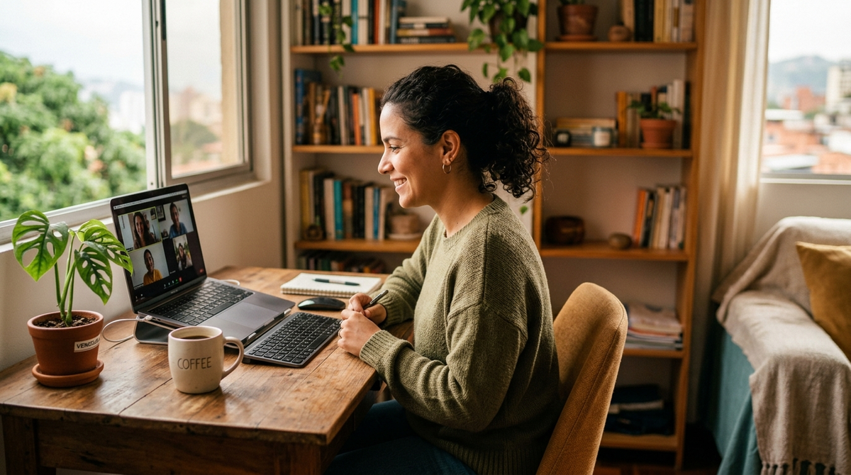 Persona trabajando de forma remota desde casa con laptop