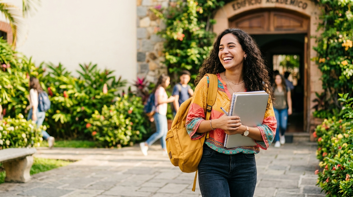 Estudiantes felices en el regreso a clases con laptop y morral