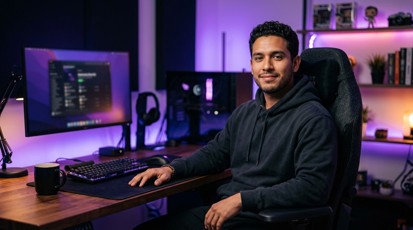 Joven gamer sentado cómodamente en una silla gamer ergonómica en su setup con luz ambiental violeta