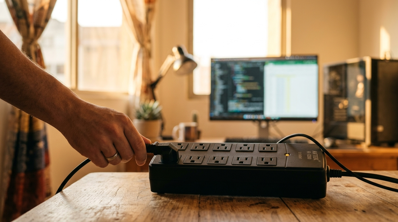 Regulador de voltaje AVR protegiendo una PC en un escritorio, energía estable en Venezuela