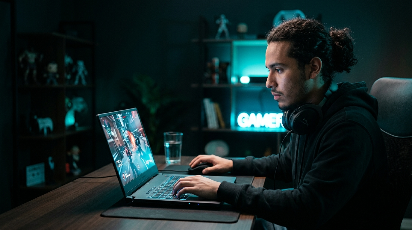 Joven jugando en una laptop gamer con teclado RGB, ambiente cian de alto rendimiento