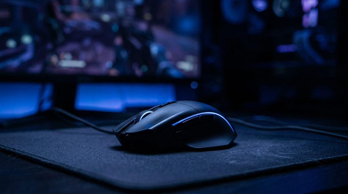 Mouse gamer sobre un mousepad con luz azul e índigo, ambiente eSports