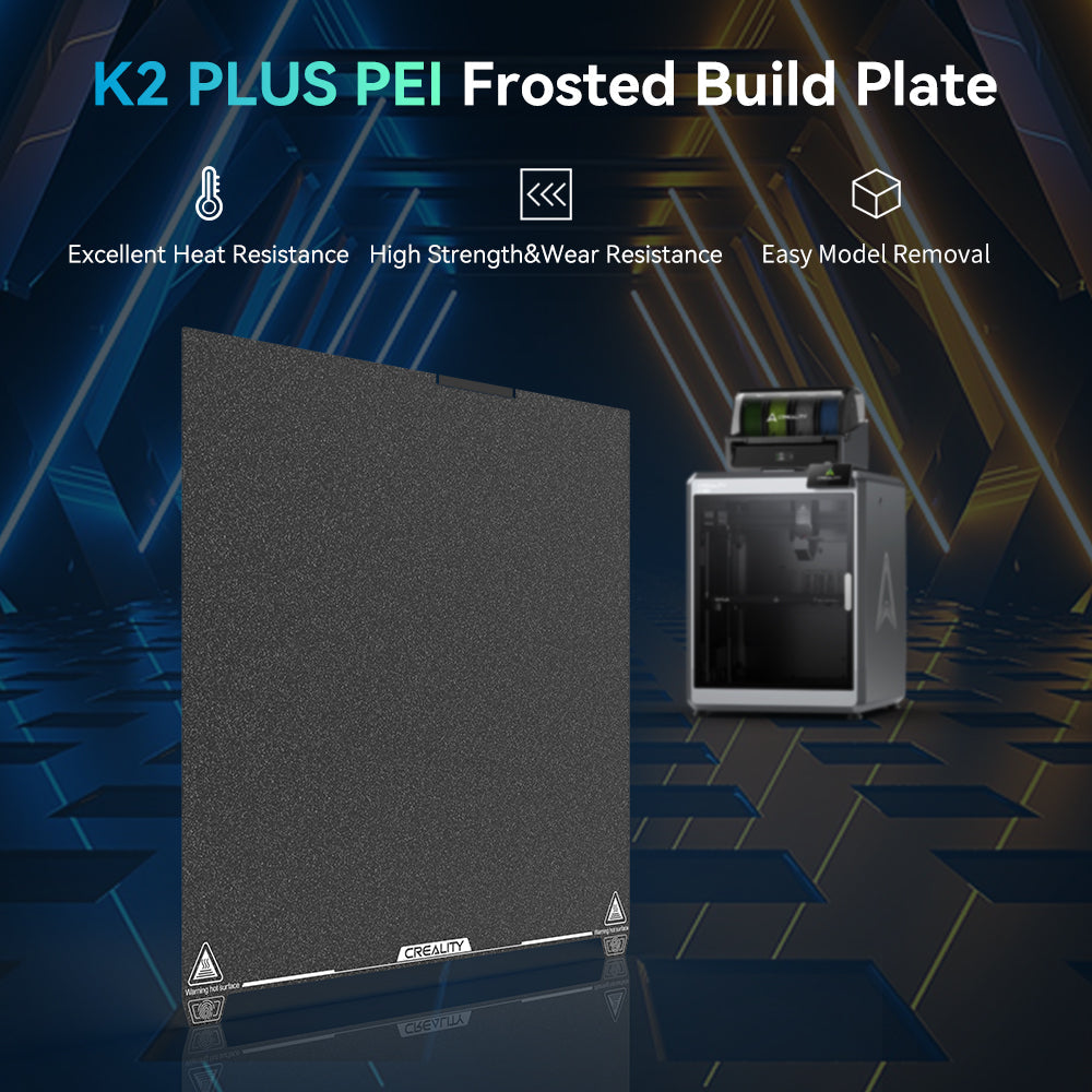Placa de impresión Creality K2 Plus PEI Frosted: recubrimiento PEI premium con altísima adherencia, excelente resistenci