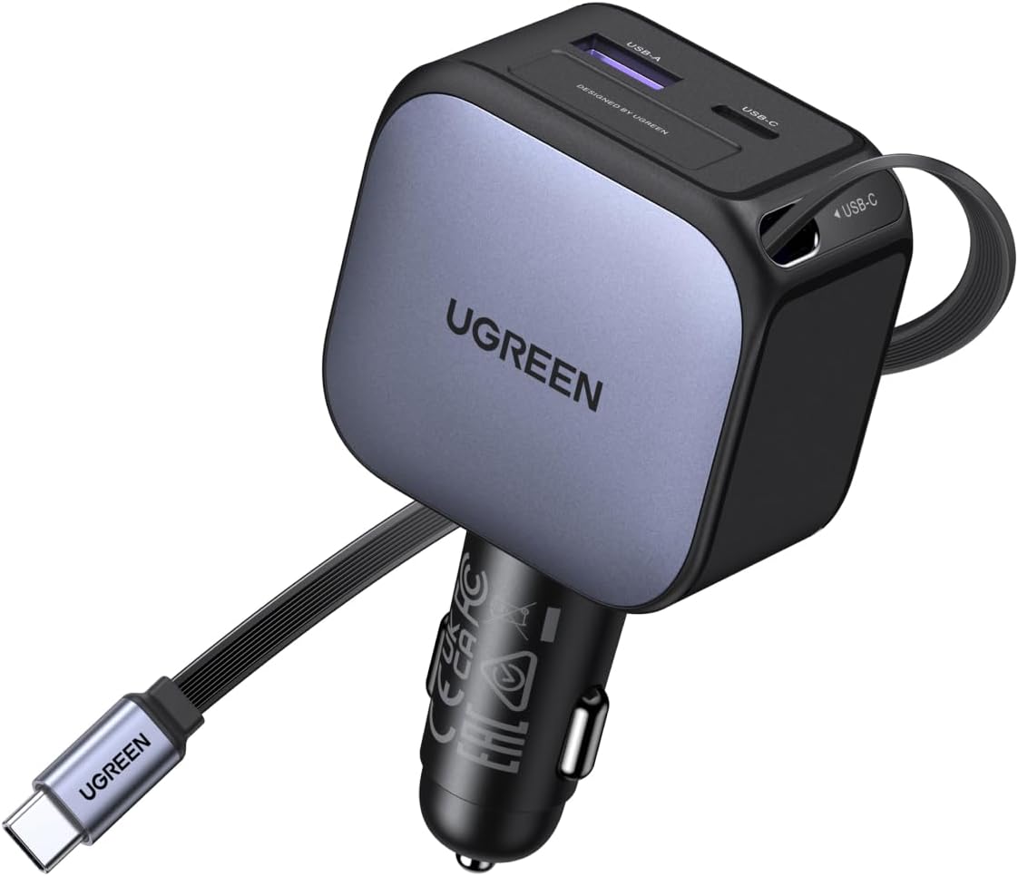 Cargador-de-Auto-UGREEN-Retráctil-de-90-W-y-3-Puertos-con-Cable-portada