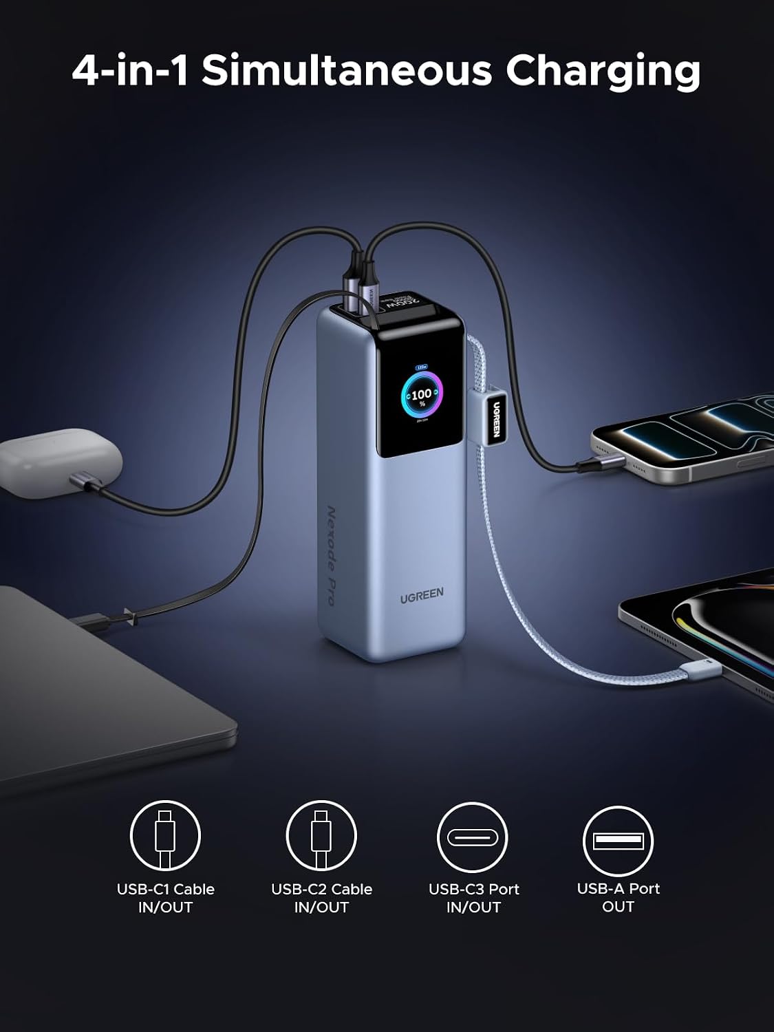 Power-Bank-UGREEN-Nexode-Pro-25-000-mAh-200-W-para-Laptop-con-Cables-Retráctiles-7