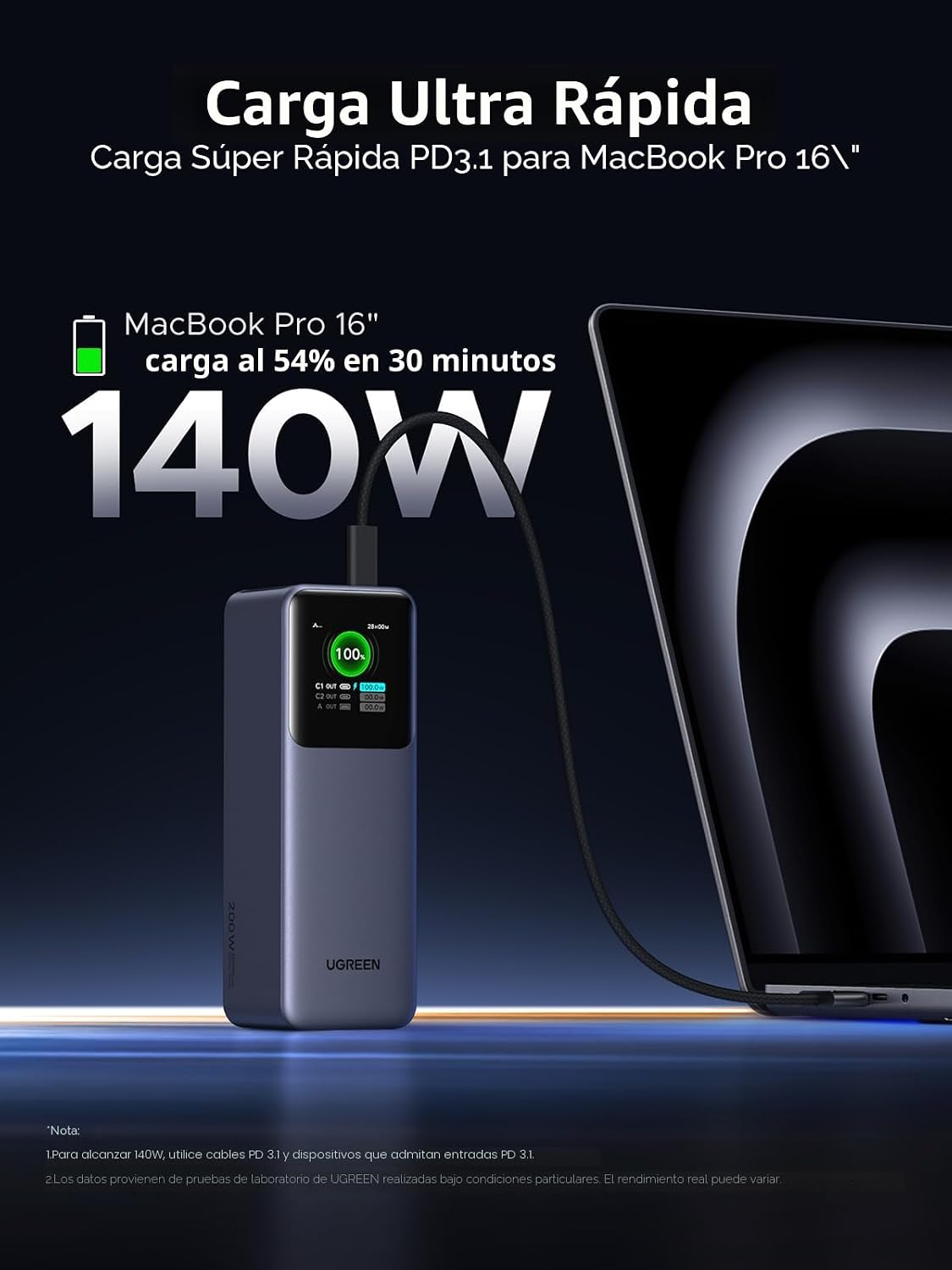 Power-Bank-UGREEN-Nexode-25-000-mAh-200-W-PD-3-1-3-Puertos-con-Pantalla-TFT-2