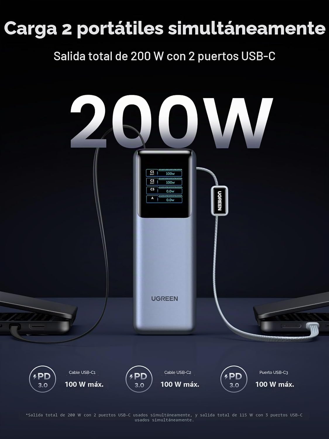 Power-Bank-UGREEN-Nexode-Pro-25-000-mAh-200-W-para-Laptop-con-Cables-Retráctiles-5