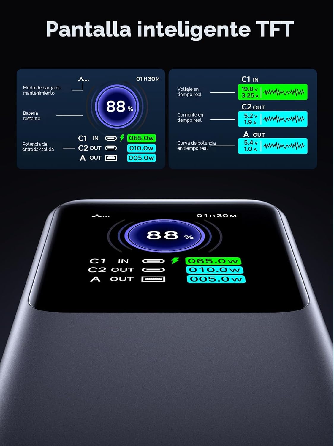 Power-Bank-UGREEN-Nexode-25-000-mAh-200-W-PD-3-1-3-Puertos-con-Pantalla-TFT-8