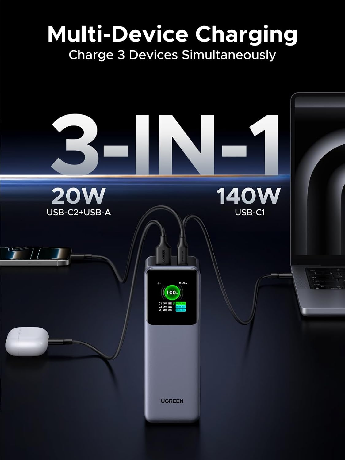 Power-Bank-UGREEN-Nexode-25-000-mAh-200-W-PD-3-1-3-Puertos-con-Pantalla-TFT-7