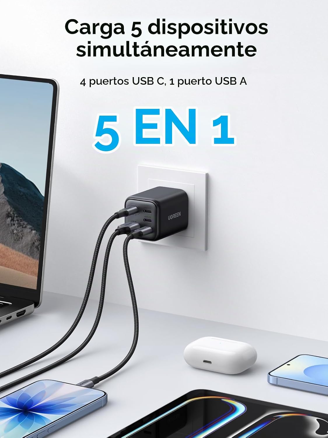 Cargador-de-Pared-UGREEN-GaN-USB-C-45-W-de-5-Puertos-PD-2