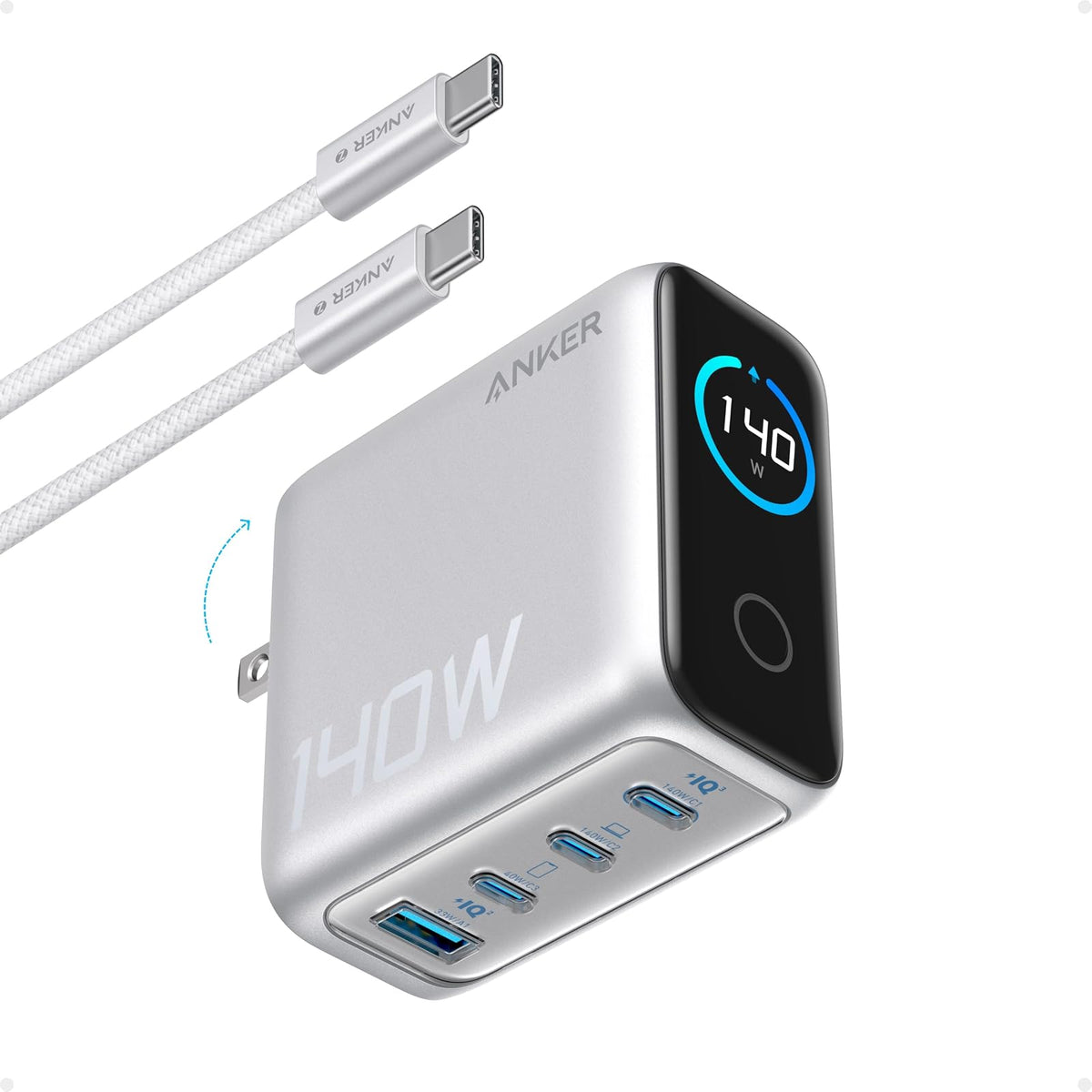 Cargador Anker Bloques de carga GaN de 4 puertos máximos de 140 W, pantalla