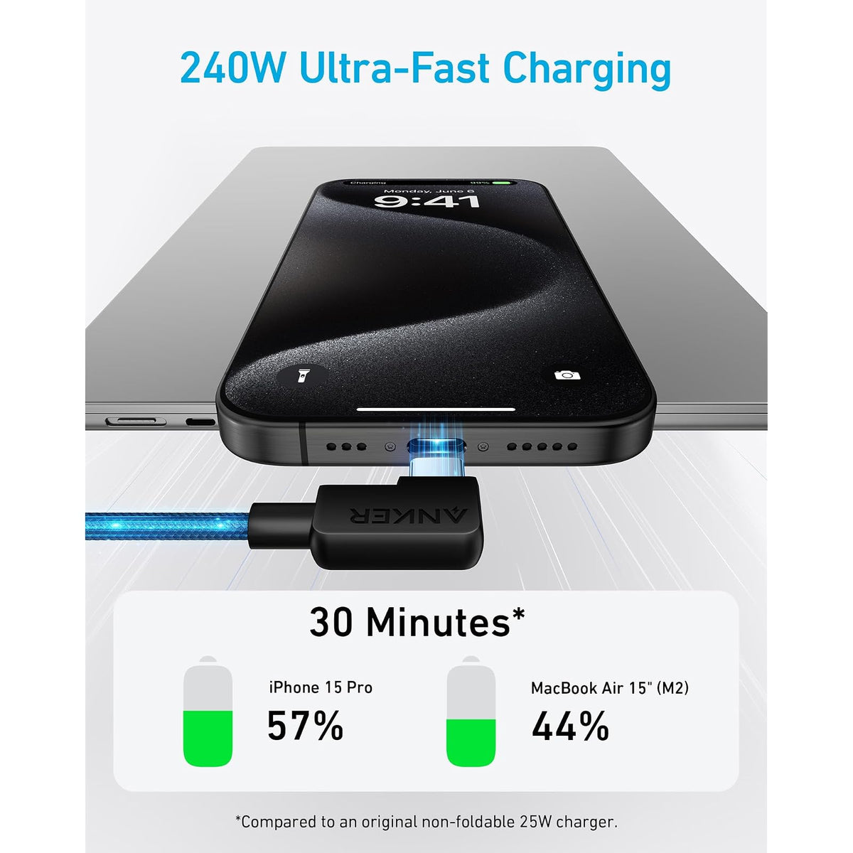 Cable Anker USB C a USB C en ángulo recto, 240 W (paquete de 2, 6 pies - vista 3