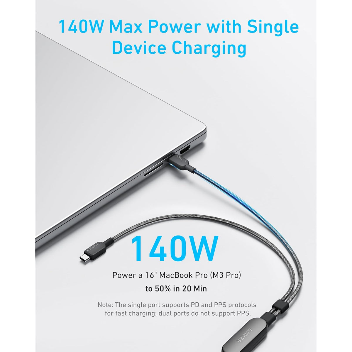 Cable Anker 2-in-1 USB C to USB C Cable, 140W Max (1-Pack, 6 ft, Black) - vista 3