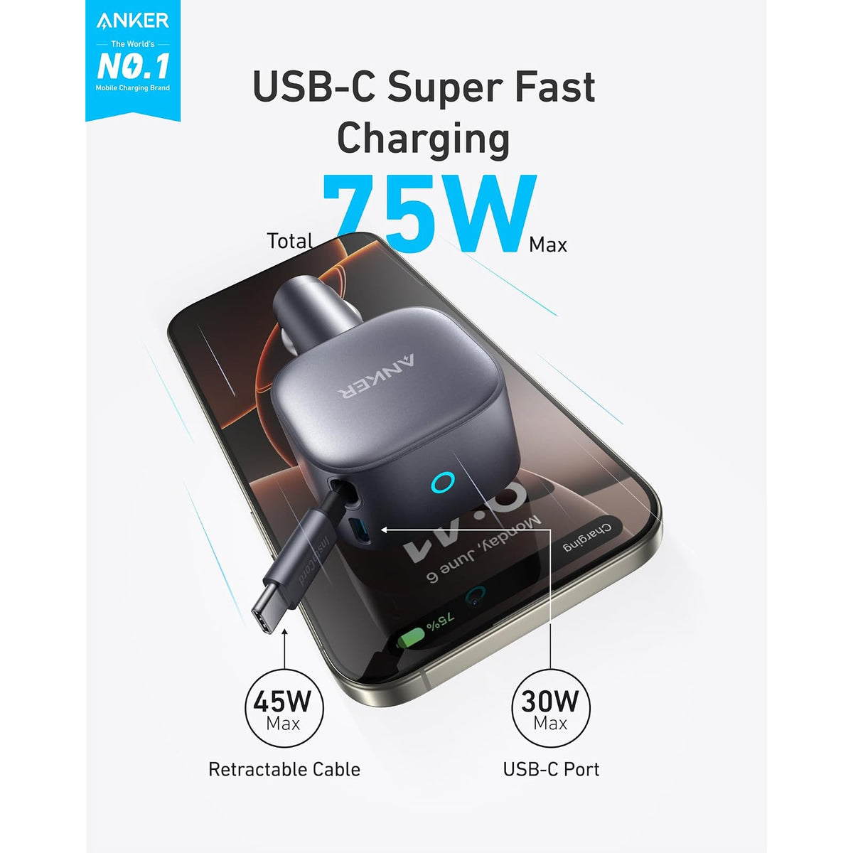 Cable Anker Cargador de coche USB C de carga rápida de 75 W con cable incorporado - vista 2