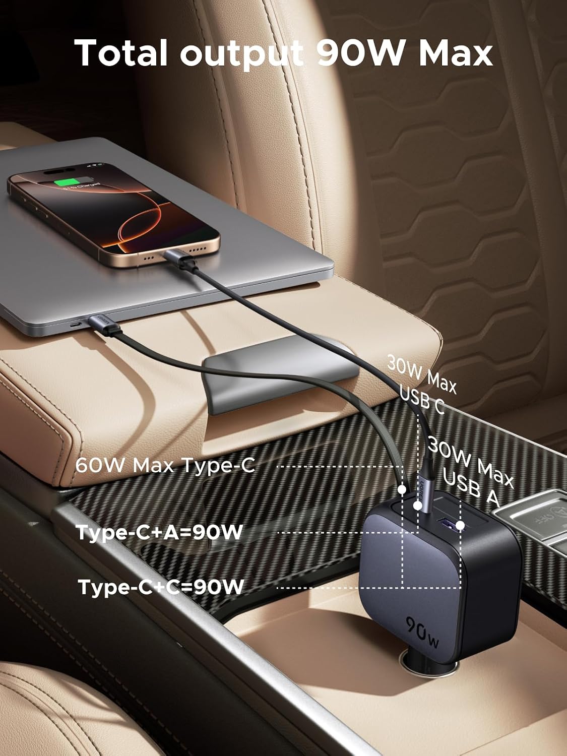 Cargador-de-Auto-UGREEN-Retráctil-de-90-W-y-3-Puertos-con-Cable-2