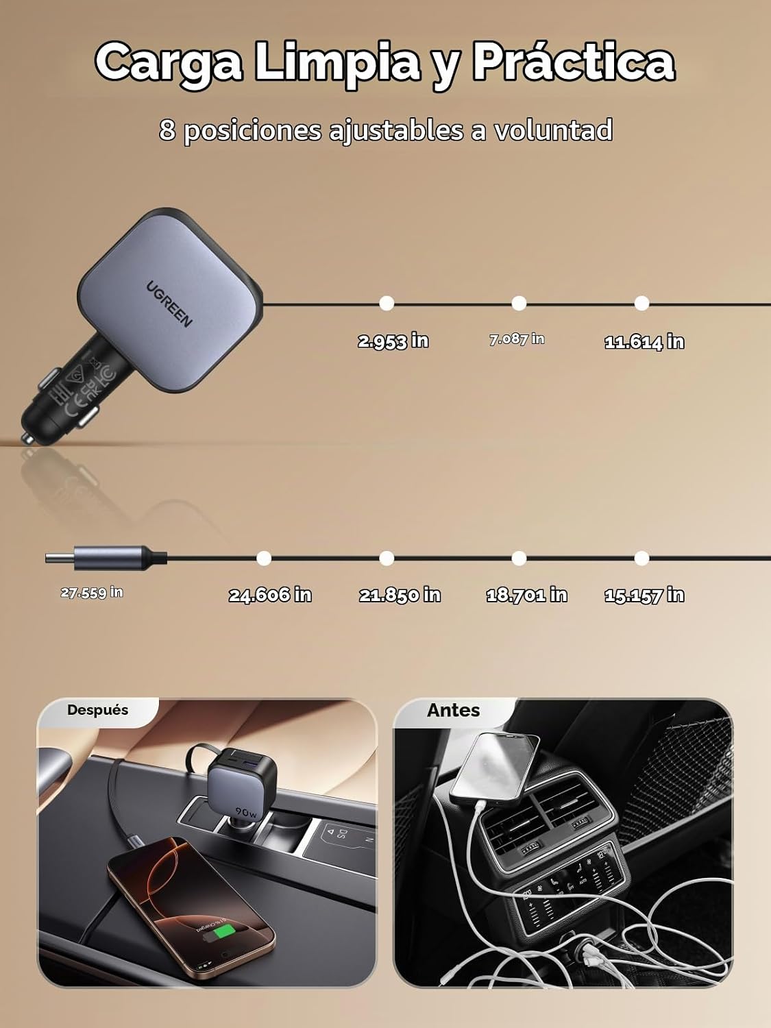 Cargador-de-Auto-UGREEN-Retráctil-de-90-W-y-3-Puertos-con-Cable-8