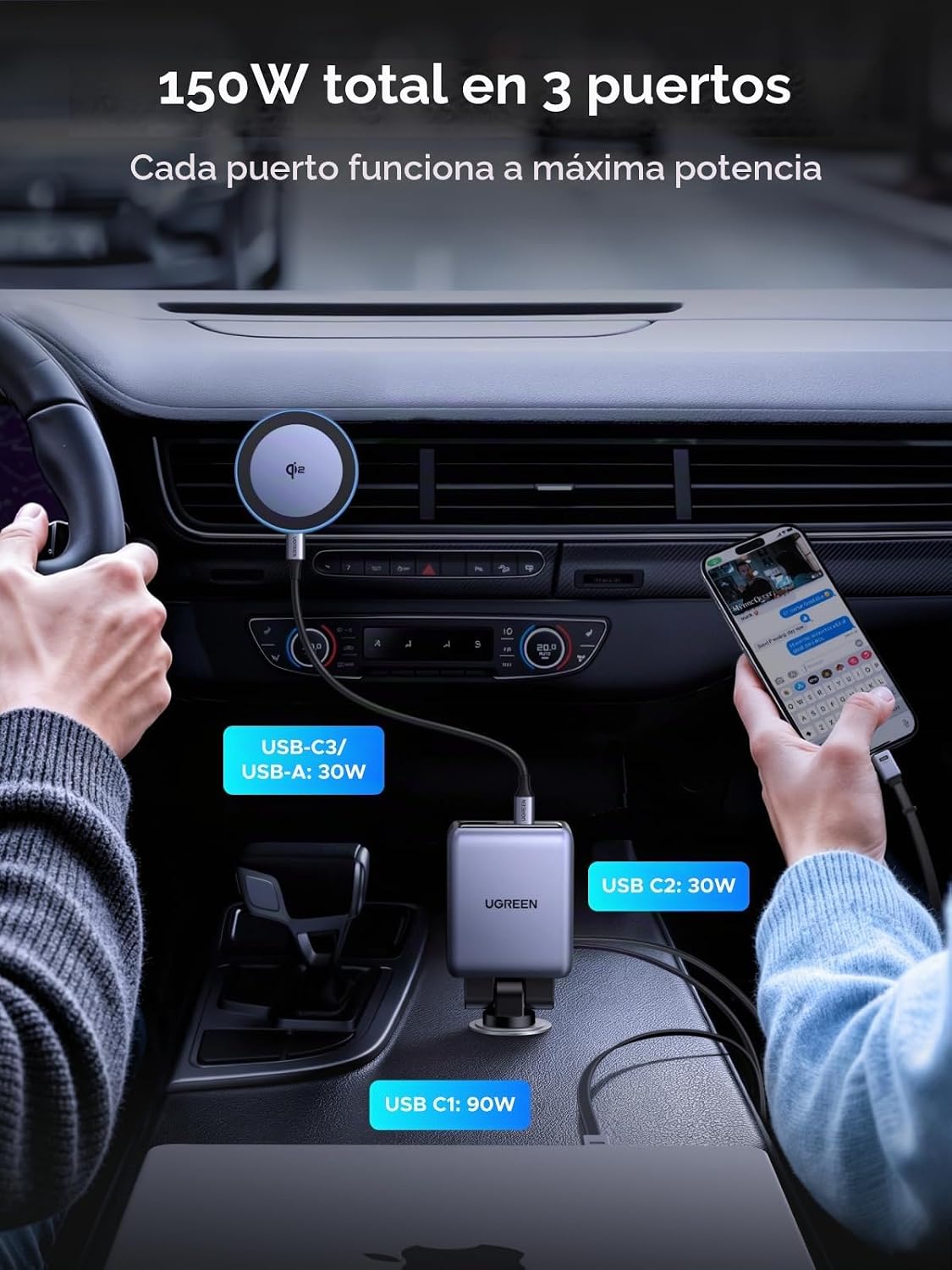 Cargador-de-Auto-UGREEN-Retráctil-de-150-W-y-4-Puertos-con-Cable-EC607-3