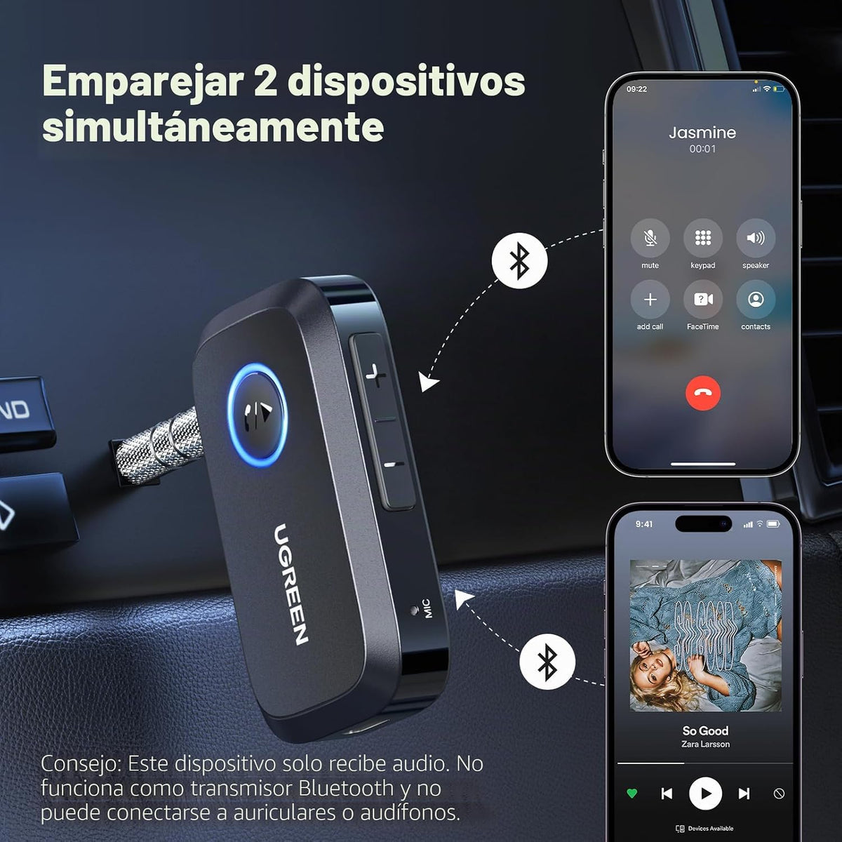 Adaptador-Bluetooth-5-4-UGREEN-para-Auto-con-Llamadas-Manos-Libres-y-Cancelación-de-Ruido-5