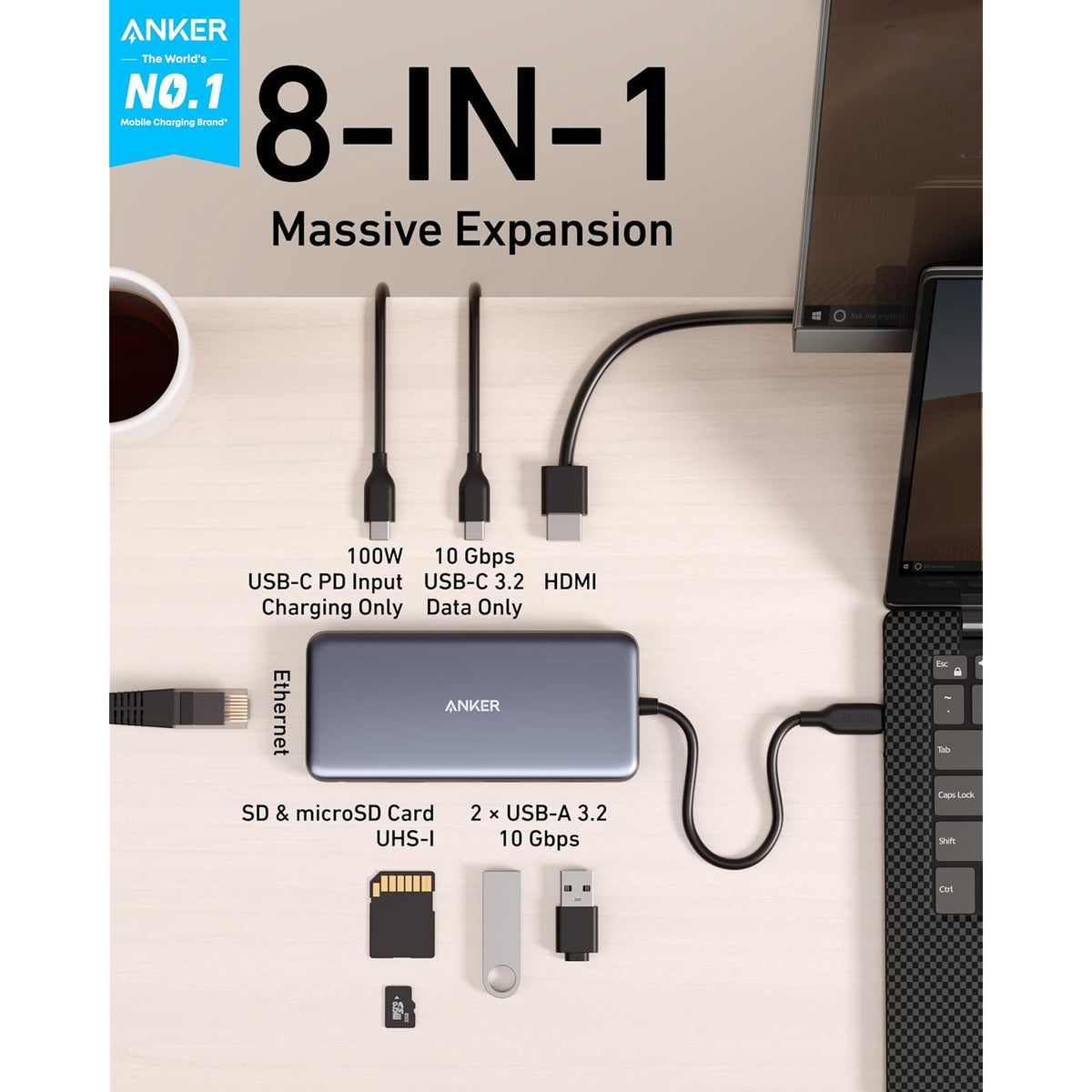 Hub USB Anker USB-C, adaptador Ethernet multipuerto 8 en 1 con puerto HDMI 4K - vista 3