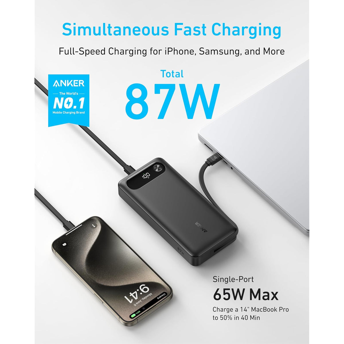Anker Power Bank, 20,000 mAh Travel Essential, cable USB-C integrado - vista 2