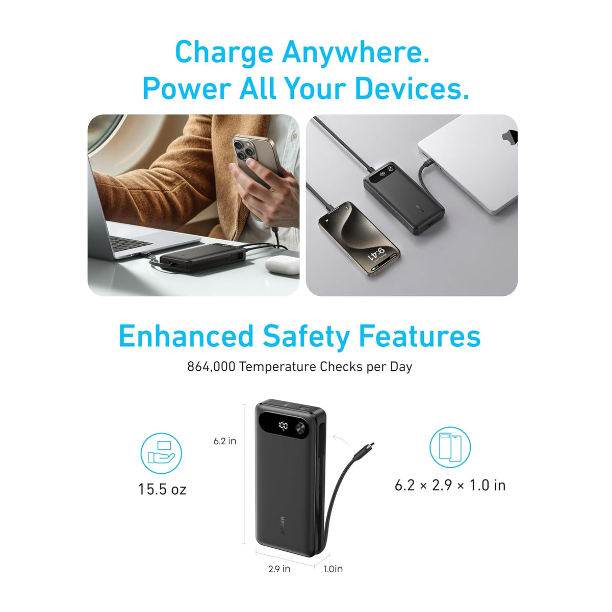 Anker Power Bank, 20,000 mAh Travel Essential, cable USB-C integrado - vista 6