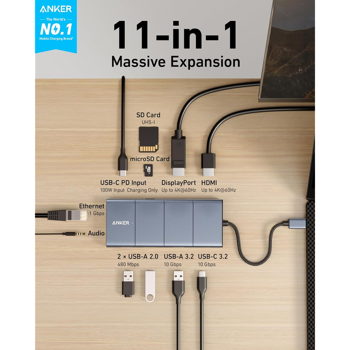 Hub USB Anker USB-C, estación de acoplamiento 11 en 1 monitor dual con - vista 2
