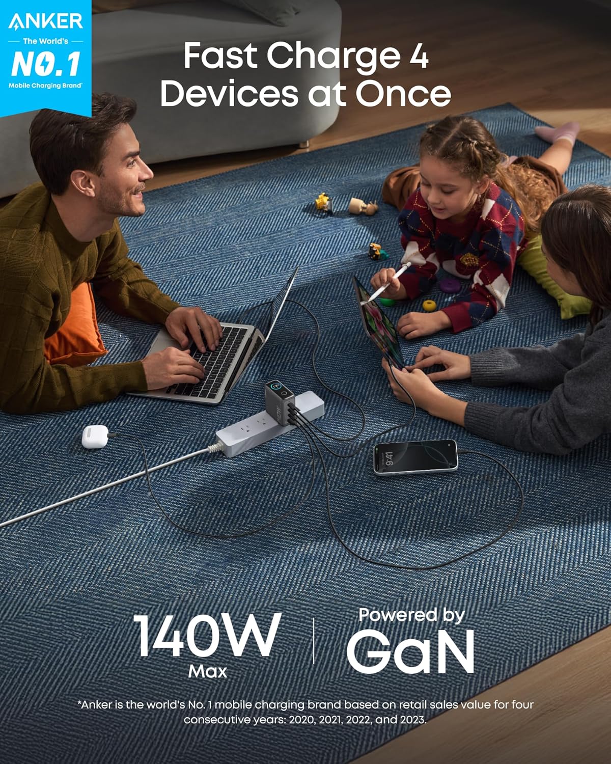 Cargador Anker 140W 3 Puertos USB-C y 1 Puerto USB-A con Cable USB-C