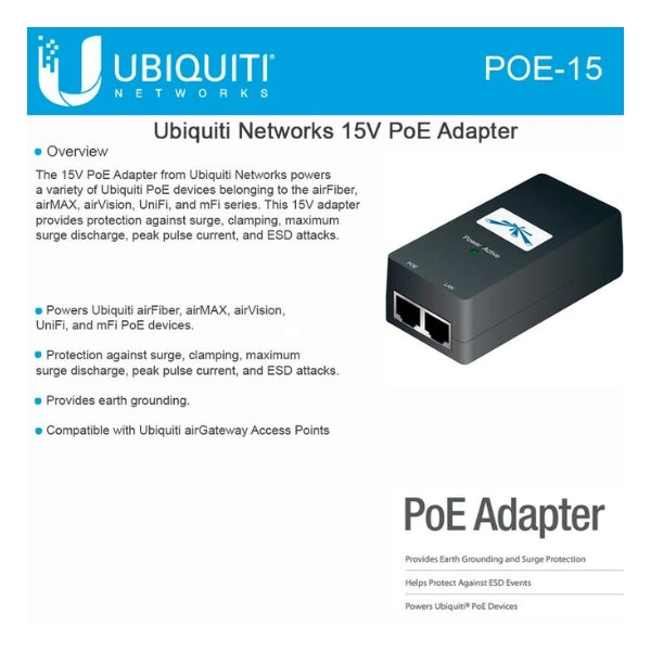 Accesorio-Ubiquiti-POE-15-15V-12W-120VAC--230VAC-Power-Over-Ethernet-para-Estaciones-y-Dispositivos-CPE