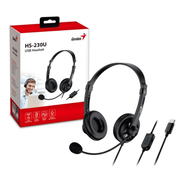 Audífono - Genius - HS-230U - USB-C - Diadema Ajustable - Micrófono Omnidireccional - Control Integrado - Negro - 31710021403-405