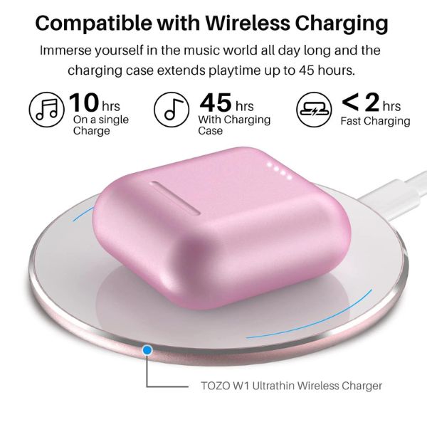 Audifonos Tozo T6 inalámbricos True Bluetooth 5.3 con control táctil con estuche de carga inalámbrica W1 Color Rosado