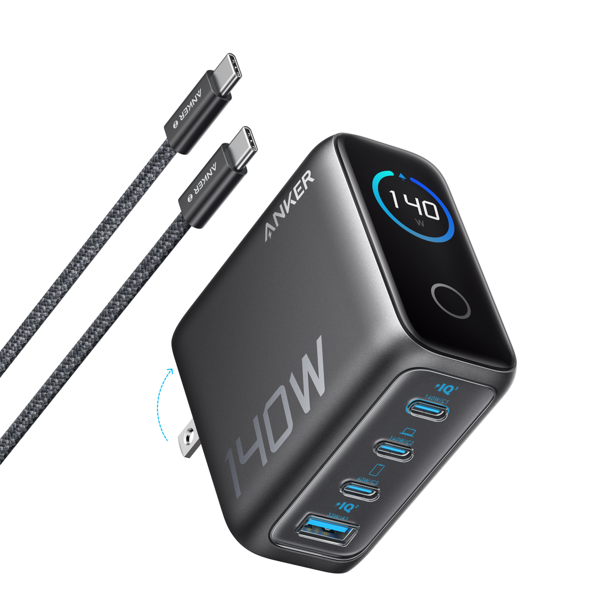 Cargador Anker 140W 3 Puertos USB-C y 1 Puerto USB-A con Cable USB-C