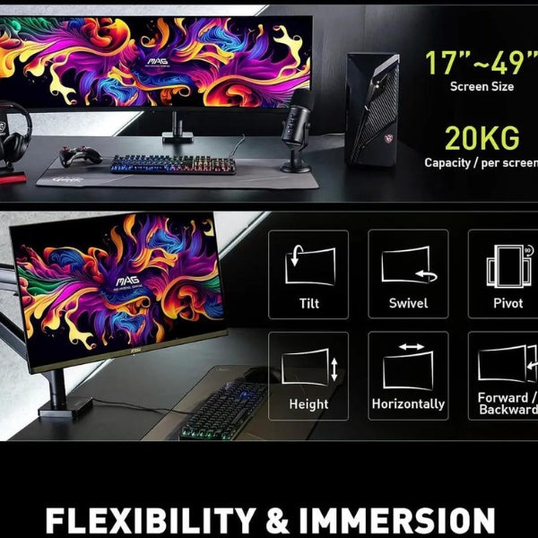 Base - de - Monitor - MSI - MAG - MT101DG - Doble - Brazo - Ajustable - Resorte - a - Gas - 17 - 32 - Pulgadas - VESA - 10kg - Negro