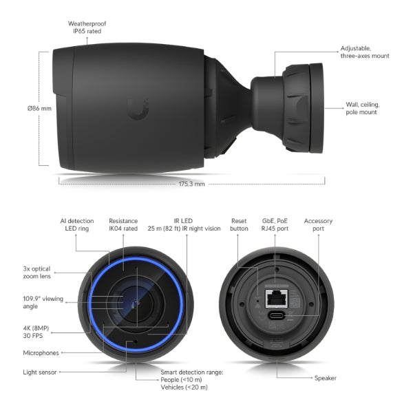 Cámara-de-Seguridad-Ubiquiti-UniFi-AI-Pro-Ultra-HD-4K-Zoom-Óptico-3x-Visión-Nocturna-40m-IP65-PoE