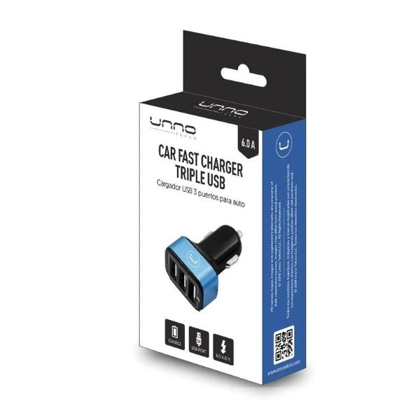Cargador Unno Usb 3Ptos Para Auto 6.0A 12V Indicador Led PW5022BK