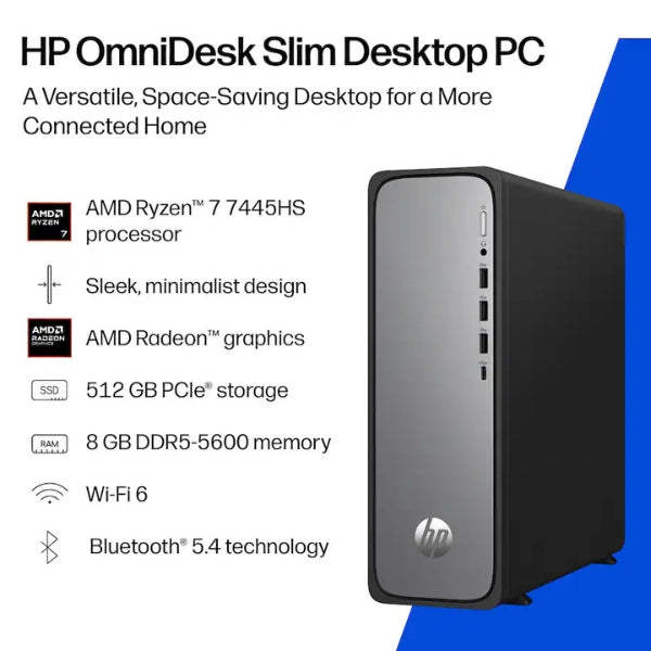 Computador-HP-OmniDesk-Slim-AMD-Ryzen-7-7445HS-(4,7-GHz)-8-GB-DDR5-512-GB-NVMe-M,2-AMD-Radeon-180-W-Win-11-Home-Meteor-Silver
