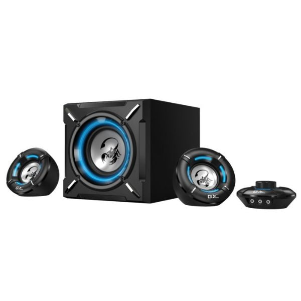 Corneta-Genius-Gaming-SW-G2.1-1000-Altavoces-paraJ-uegos-2.1-canales-3-piezas-26-Vatios-RCA3.5mm-Negro-luces-Azules-diagonal