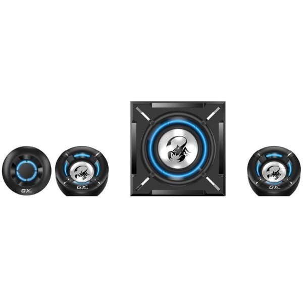 Corneta-Genius-Gaming-SW-G2.1-1000-Altavoces-paraJ-uegos-2.1-canales-3-piezas-26-Vatios-RCA3.5mm-Negro-luces-Azules-front