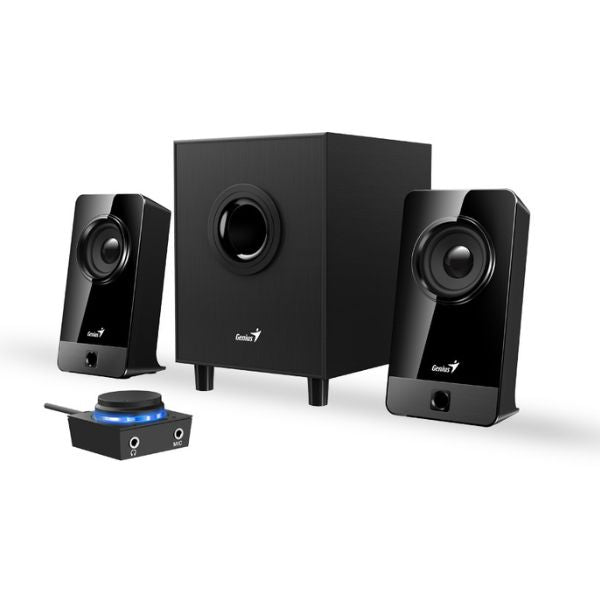 Corneta-Genius-SW-2.1-300X-Altavoces-de-2.1-canales-con-Subwoofer-3piezas-10vatios-Microphone-HeadphoneJackNegro-diagonal