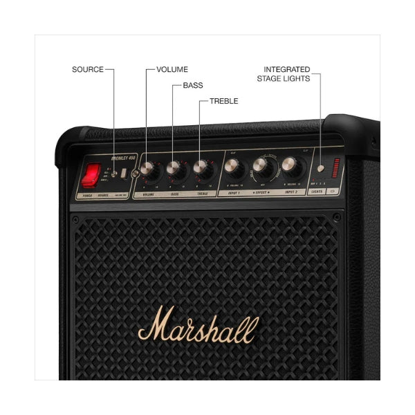Corneta-portátil-Marshall-Bromley-450-Bluetooth-con-luces-LED-y-batería-de-40-horas-Negro-y-Latón
