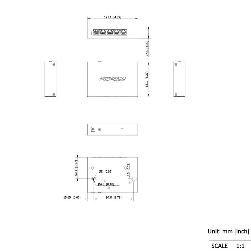 Switch Hikvision - No Administrable - 4 Puertos 10 - 100 - 1000 Mbps PoE+ - DS-3E1505P-EI/M