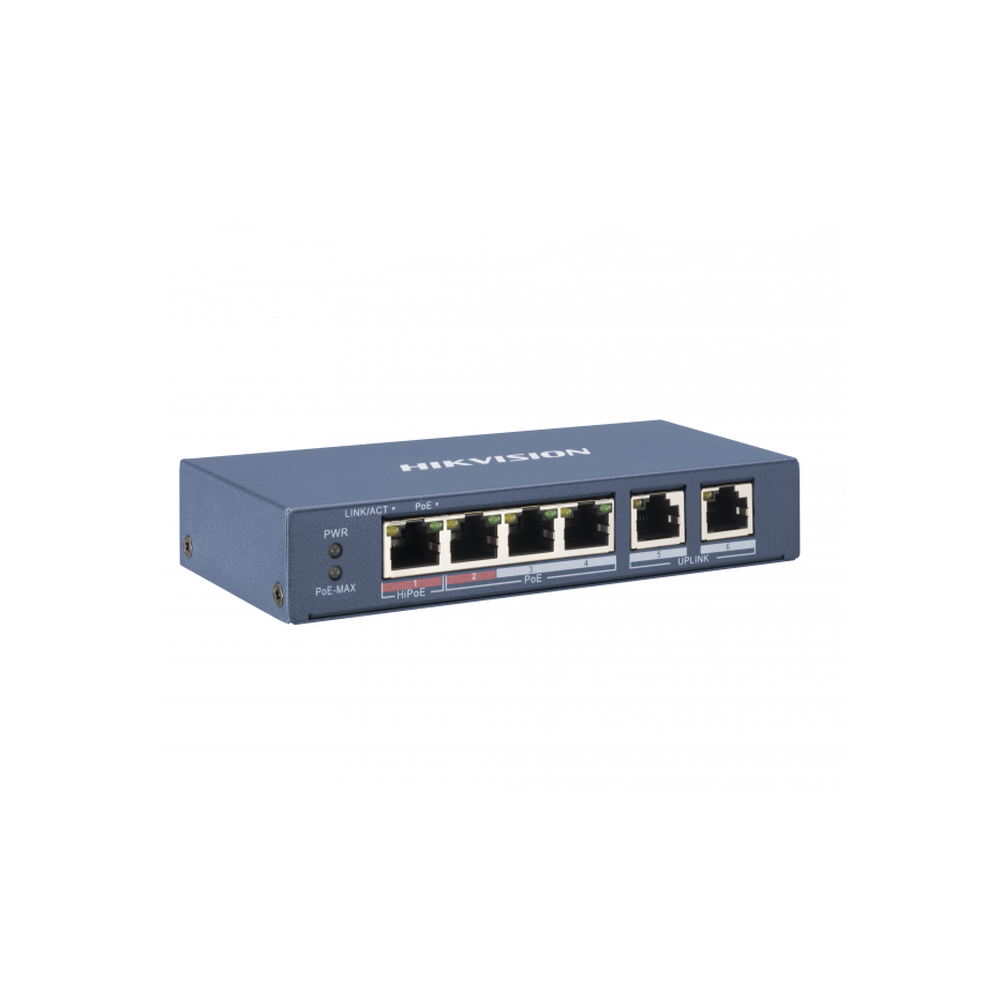 Switch PoE Hikvision - No Administrable - 4 Puertos 10 - 100 Mbps PoE+ (hasta 300 m) + 2 Puertos 10 - 100 Mbps Uplink -